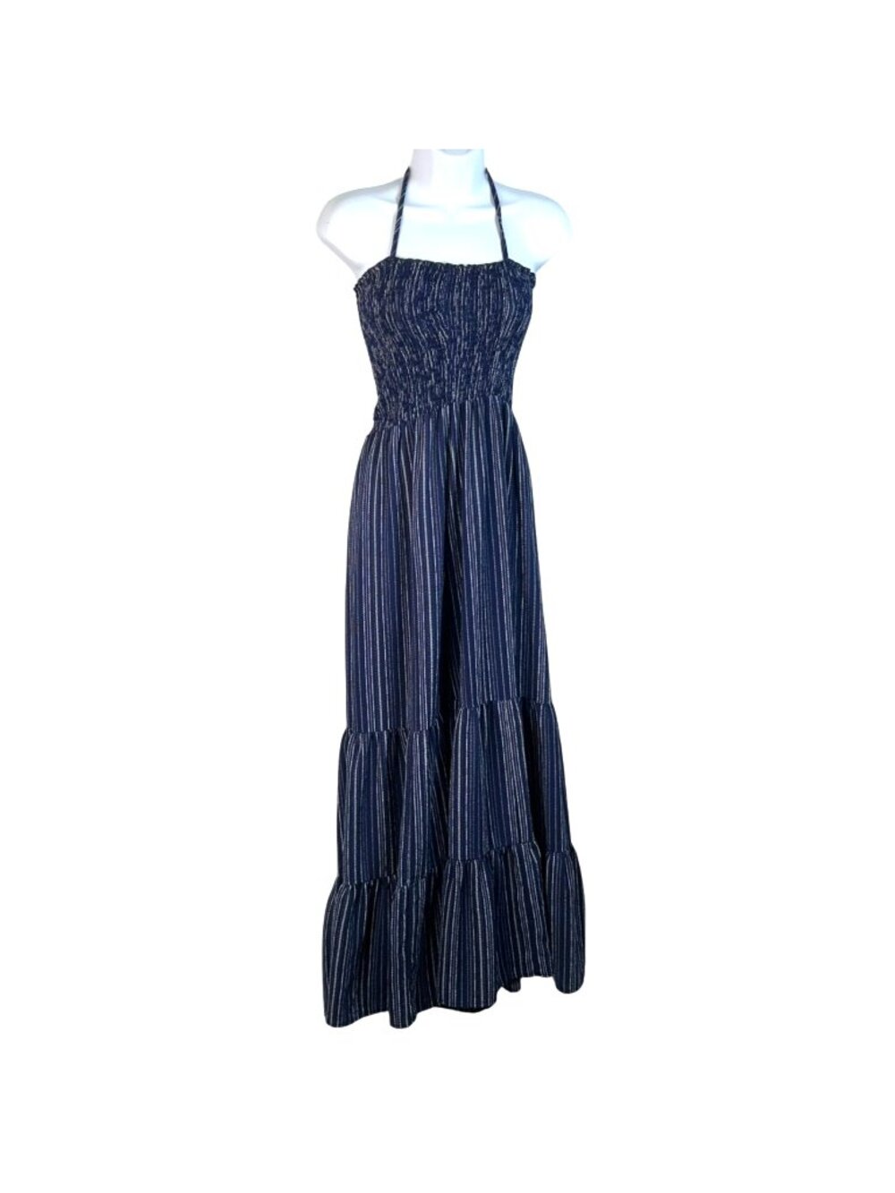 Bailey Blue Halter Smocked Maxi Dress Navy Striped Tiered Women’s Size M